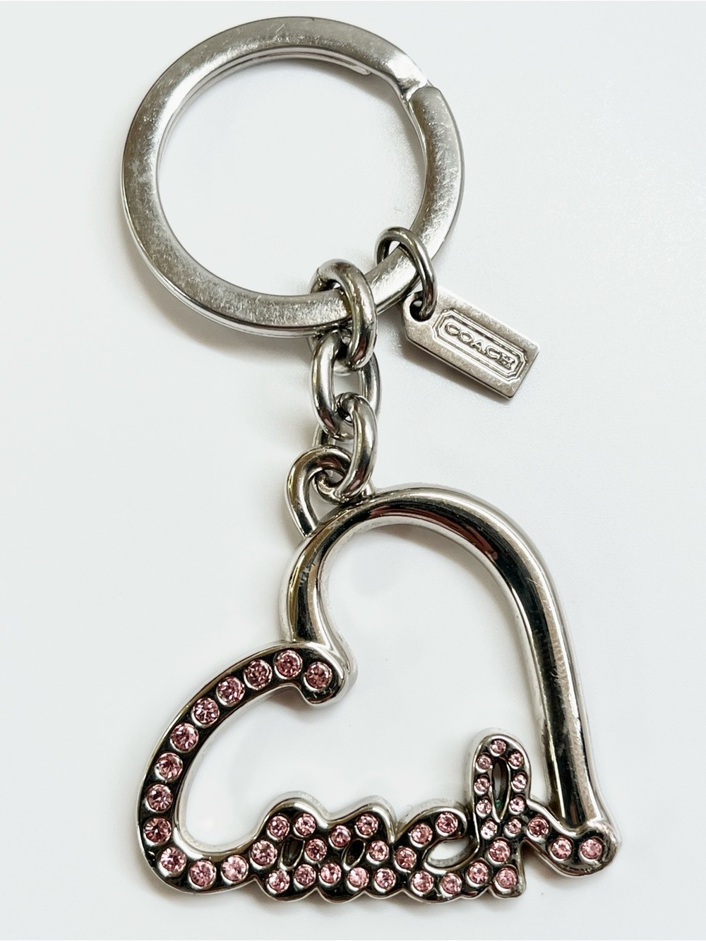 Coach Heart with Pink Crystals Key Fob Bag Charm EUC